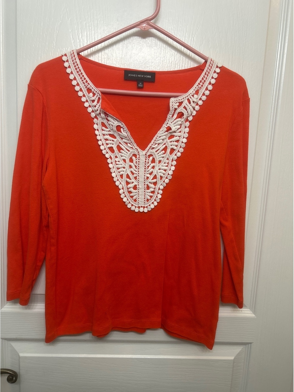 Jones New York Orange Cotton Long Sleeve Top with White Crochet Detail, Medium